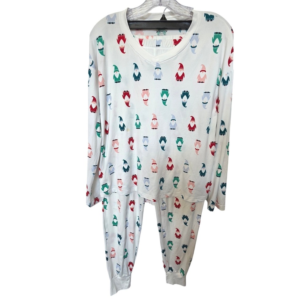 Joyspun Womens Gnome Print Pajama Set White Long Sleeve Joggers JS42330SF Small
